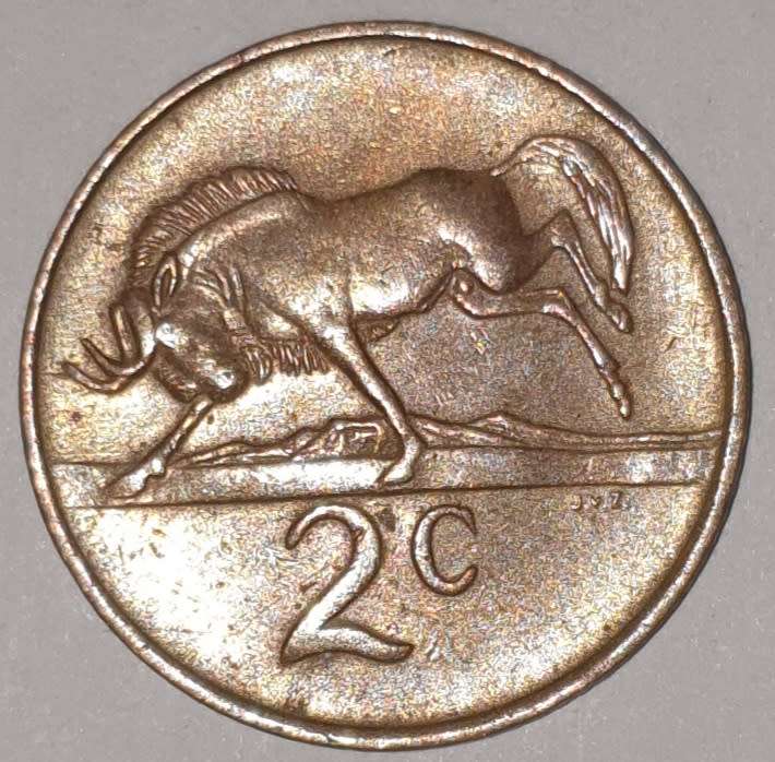 1985 - 2 CENT COIN (TWO CENT COIN) - RSA - BRONZE - KM#83 - BILINGUAL LEGEND - WILDEBEEST
